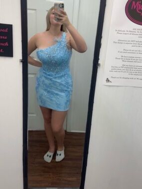 Sherri Hill One-Shoulder Light Blue Lace & Sequin Mini Dress